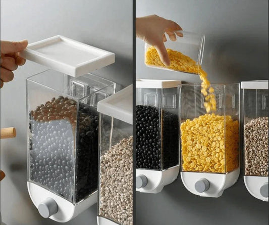 1500ml 3 Wall-Mounted Grain & Rice Dispenser - Space Saving Kitchen Organizer