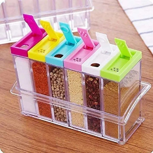 6-Piece Transparent Spice Jar Set with Colorful Lids – Kitchen Seasoning & Condiment Storage