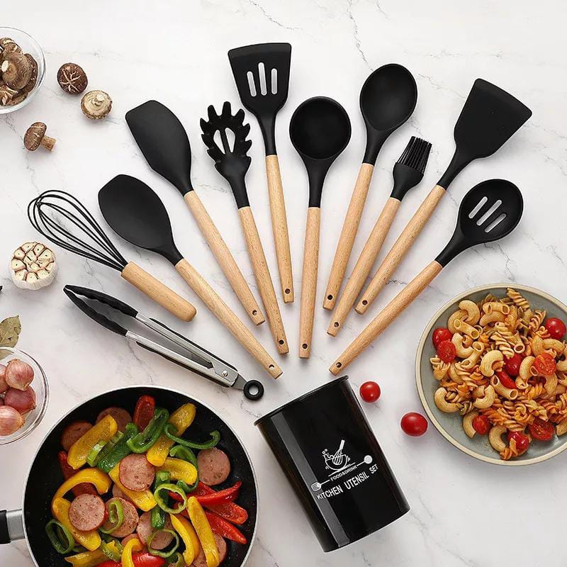12-Piece Silicone Kitchen Utensil Set – Heat Resistant, BPA-Free, Non-Stick Safe with Wooden Handles (Spatula, Turner, Tongs, Spoon, Brush, Whisk & More)