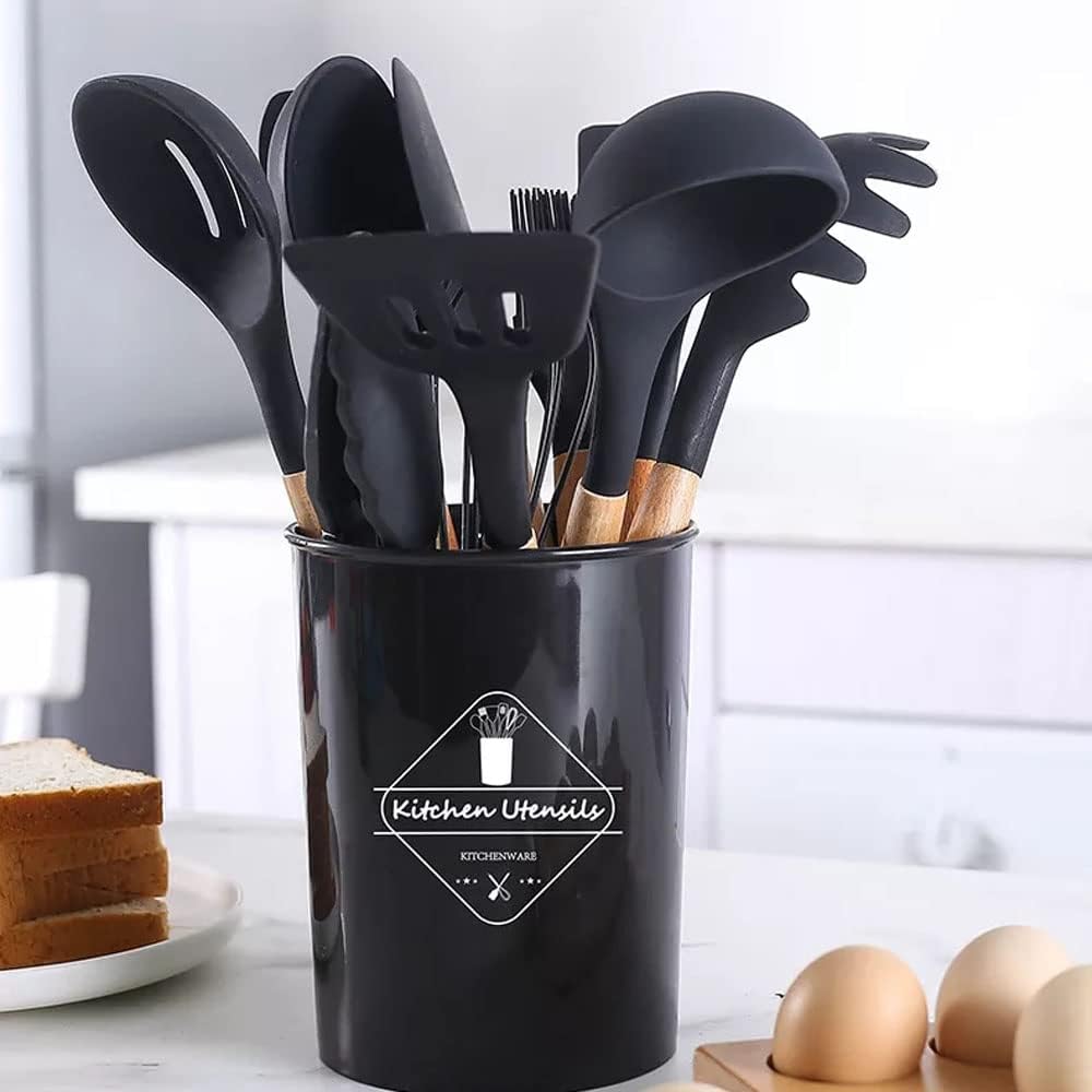 12-Piece Silicone Kitchen Utensil Set – Heat Resistant, BPA-Free, Non-Stick Safe with Wooden Handles (Spatula, Turner, Tongs, Spoon, Brush, Whisk & More)