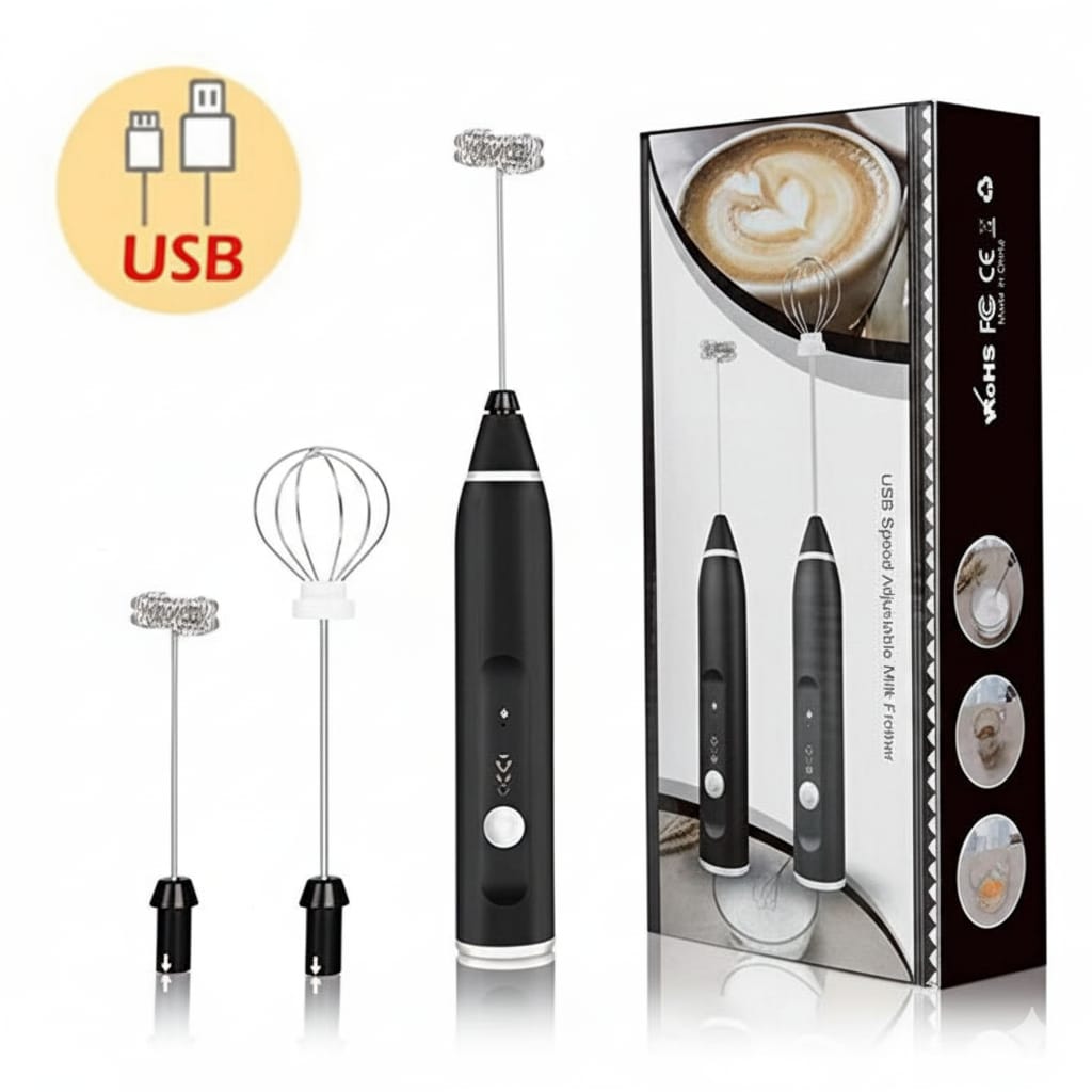2-in-1 Electric Milk Frother with Spring Whisk & Egg Beater – USB Rechargeable Coffee Blender [Random Color]