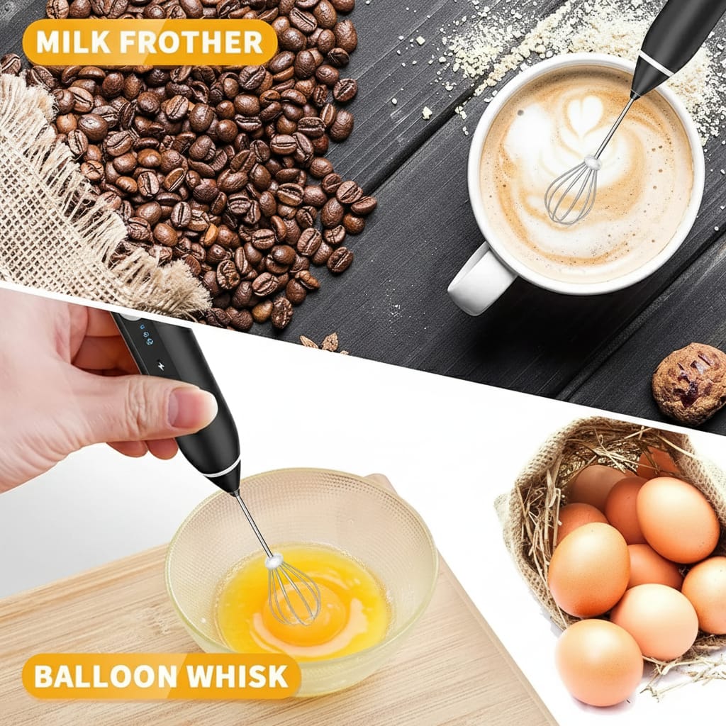 2-in-1 Electric Milk Frother with Spring Whisk & Egg Beater – USB Rechargeable Coffee Blender [Random Color]