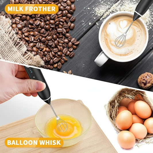 2-in-1 Electric Milk Frother with Spring Whisk & Egg Beater – USB Rechargeable Coffee Blender [Random Color]