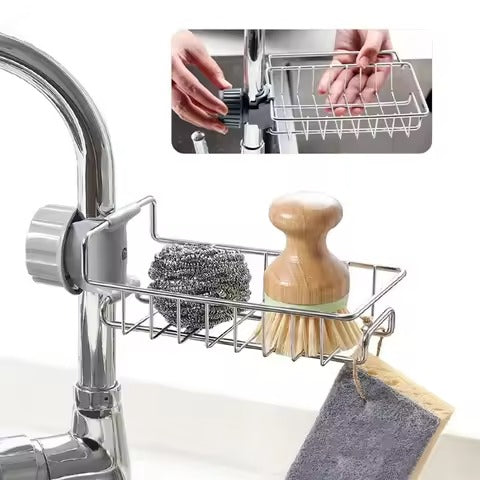 Stainless Steel Kitchen Faucet Sponge Holder – Adjustable Multifunctional Sink Organizer, Durable Storage Rack