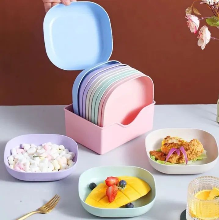 10-Piece Square Plastic Dinner Plate Set with Stand – Colorful Snack & Breakfast Plates